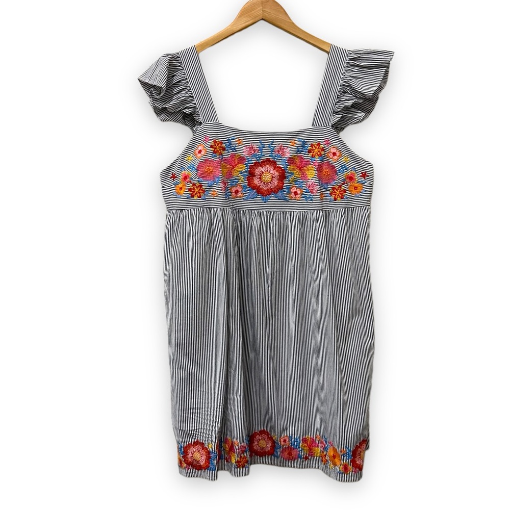 Savanna Jane Striped Dress Blue White Embroidered Floral Ruffle Mini Sz Large